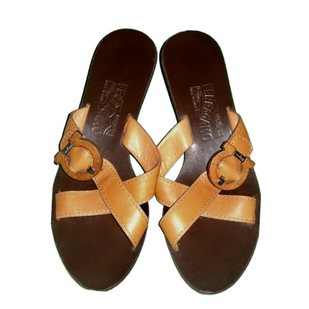 Salvatore Ferragamo Cognac Leather Kitten Heel Sandals w/Wooden Buckle - 8.5